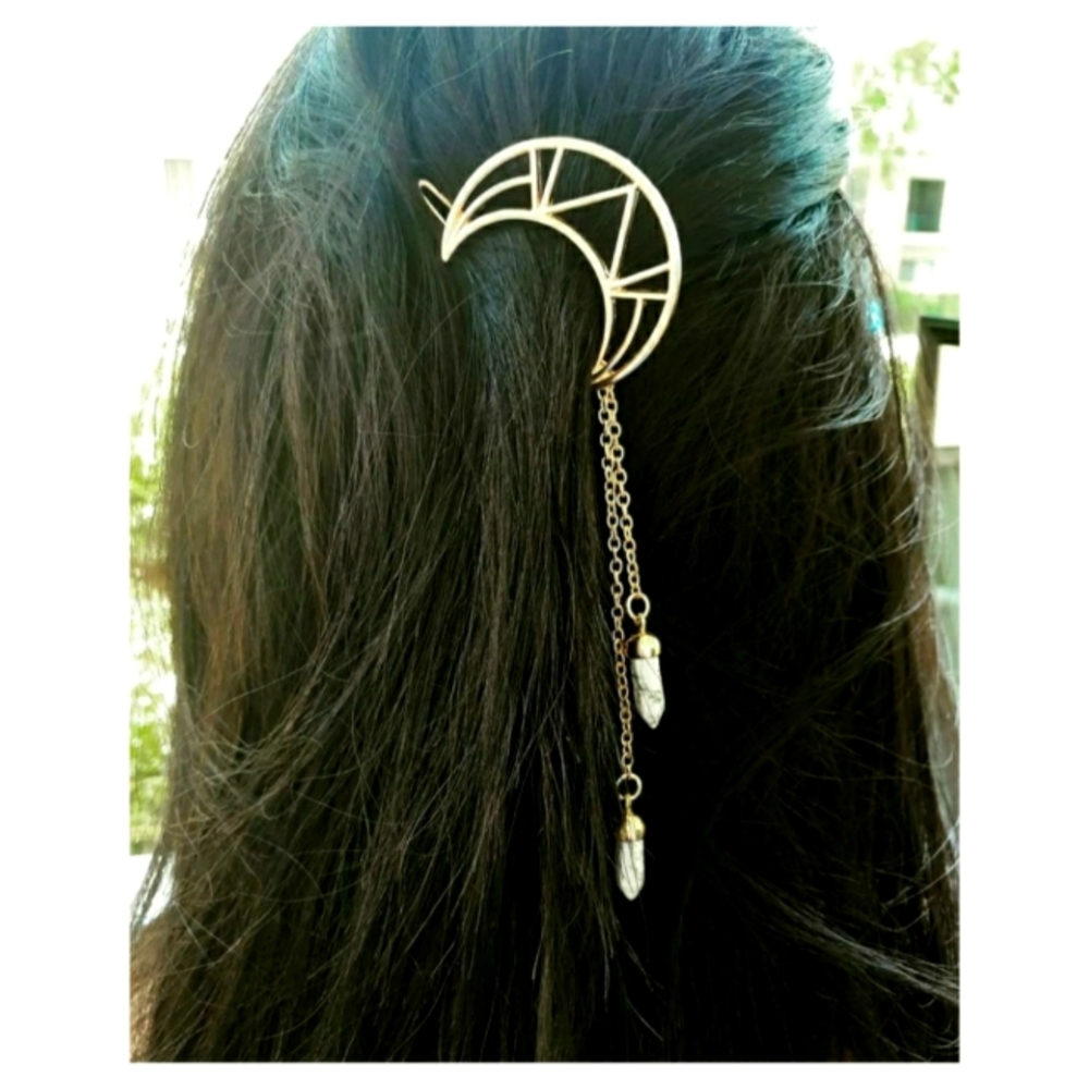 Handmade golden moon phase hair jewelry with white howlite stones.